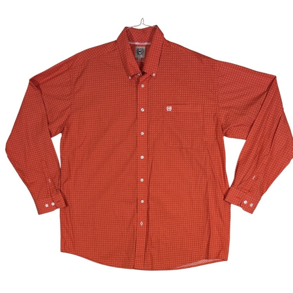 Cinch Mens XL Orange  Square Print Button Down Western Long Sleeve Shirt
